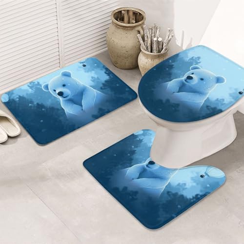 GTKSYNVE Blue Bear Badezimmerteppich-Set, 3-teilig, mit WC-Deckelbezug, U-förmiger Kontur-WC-Vorleger und saugfähige Badematten aus Mikrofaser, schnell trocknend, maschinenwaschbar, Duschmatte von GTKSYNVE