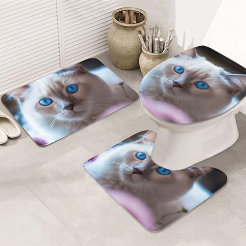 GTKSYNVE Blue Eyed Katzen-Badezimmerteppich-Set, 3-teilig, mit WC-Deckelbezug, U-förmiger Kontur-WC-Vorleger und saugfähige Badematten aus Mikrofaser, schnell trocknend, maschinenwaschbar, Duschmatte von GTKSYNVE