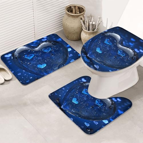 GTKSYNVE Blue Heart Badezimmerteppich-Set, 3-teilig, mit WC-Deckelbezug, U-förmiger Kontur-WC-Vorleger und saugfähige Badematten aus Mikrofaser, schnell trocknend, maschinenwaschbar, Duschmatte von GTKSYNVE