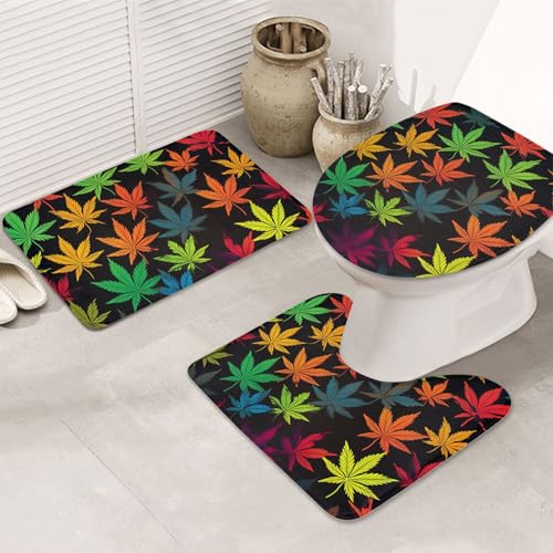 GTKSYNVE Bunte Cannabisblätter-Badezimmerteppich-Set, 3-teilig, mit WC-Deckelbezug, U-förmiger Kontur-WC-Vorleger und saugfähige Badematten aus Mikrofaser, schnell trocknend, maschinenwaschbar von GTKSYNVE