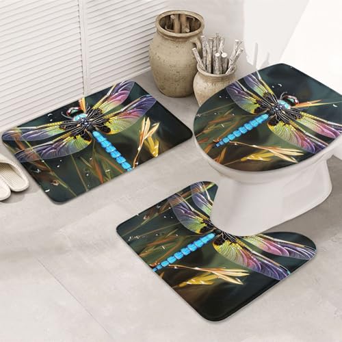 GTKSYNVE Bunte Libellen-Malerei, Badezimmerteppich-Set, 3-teilig, mit WC-Deckelbezug, U-förmiger Kontur-WC-Vorleger und saugfähige Badematten aus Mikrofaser, schnell trocknend, maschinenwaschbar von GTKSYNVE