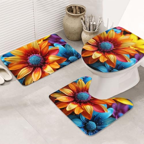 GTKSYNVE Bunte Sonnenblumen-Badezimmerteppich-Set, 3-teilig, mit WC-Deckelbezug, U-förmiger Kontur-WC-Vorleger und saugfähiger Mikrofaser-Badematte, schnell trocknend, maschinenwaschbar, Duschmatte von GTKSYNVE