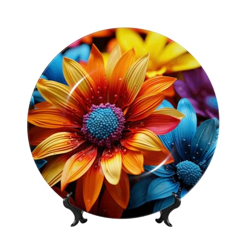 GTKSYNVE Bunte Sonnenblumen-Dekoteller aus Knochenporzellan, 15,2 cm, personalisierbar, dekorativer Keramikteller mit Präsentationsständer, Keramikornamente, Kunst-Porzellanteller für Zuhause, Büro von GTKSYNVE