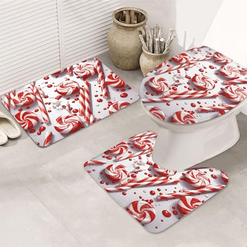 GTKSYNVE Candy Cane Badezimmerteppich-Set, 3-teilig, mit WC-Deckelbezug, U-förmiger Kontur-WC-Vorleger und saugfähige Badematten aus Mikrofaser, schnell trocknend, maschinenwaschbar, Duschmatte von GTKSYNVE