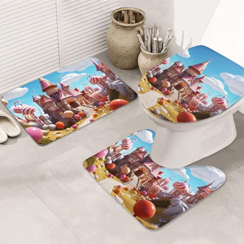 GTKSYNVE Candy Land Badezimmerteppich-Set, 3-teilig, mit WC-Deckelbezug, U-förmiger Kontur-WC-Vorleger und saugfähige Badematten aus Mikrofaser, schnell trocknend, maschinenwaschbar, Duschmatte von GTKSYNVE