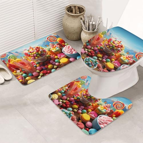 GTKSYNVE Candy Poster Badezimmerteppich-Set, 3-teilig, mit WC-Deckelbezug, U-förmiger Kontur-WC-Vorleger und saugfähige Badematten aus Mikrofaser, schnell trocknend, maschinenwaschbar, Duschmatte von GTKSYNVE