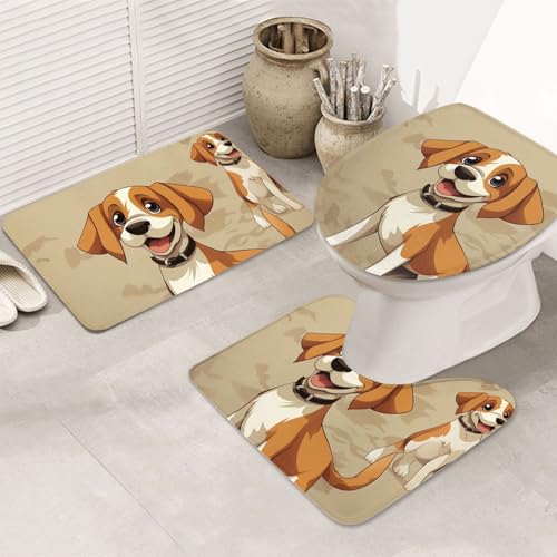 GTKSYNVE Cartoon-Beagle-Hunde-Badezimmerteppich-Set, 3-teilig, mit WC-Deckelbezug, U-förmiger Kontur-WC-Vorleger und saugfähige Badematten aus Mikrofaser, schnell trocknend, maschinenwaschbar von GTKSYNVE