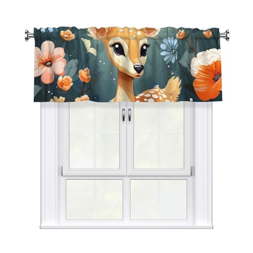GTKSYNVE Cartoon-Hirsch-Blumen-Volants für Fenster, Stangentasche, Fenstervolant, kleine Fensterbehandlung, Volants für Küche, Vorhänge, Verdunkelung, kurze Vorhänge für Schlafzimmer, 137 x 45 cm von GTKSYNVE