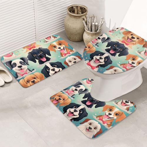 GTKSYNVE Cartoon-Hunde-Badezimmerteppich-Set, 3-teilig, mit WC-Deckelbezug, U-förmiger Kontur-WC-Vorleger und saugfähige Badematten aus Mikrofaser, schnell trocknend, maschinenwaschbar, Duschmatte von GTKSYNVE