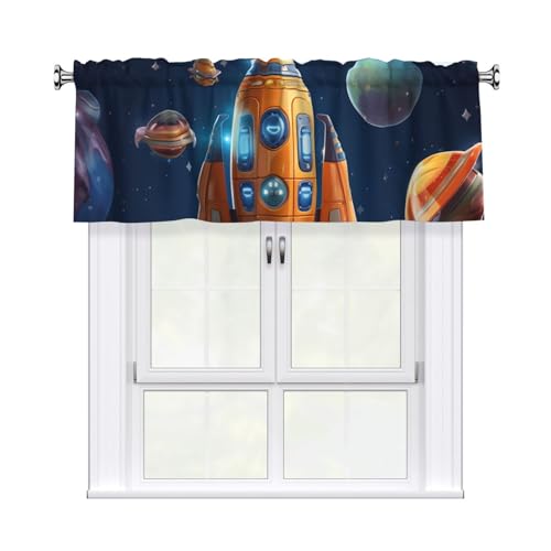 GTKSYNVE Cartoon-Raumschiff-Raketen-Volants für Fenster, Stangentaschen-Fenstervolant, kleine Fensterbehandlung, Volants für Küche, Vorhänge, Verdunkelung, kurze Vorhänge für Schlafzimmer, 137 x 45 cm von GTKSYNVE