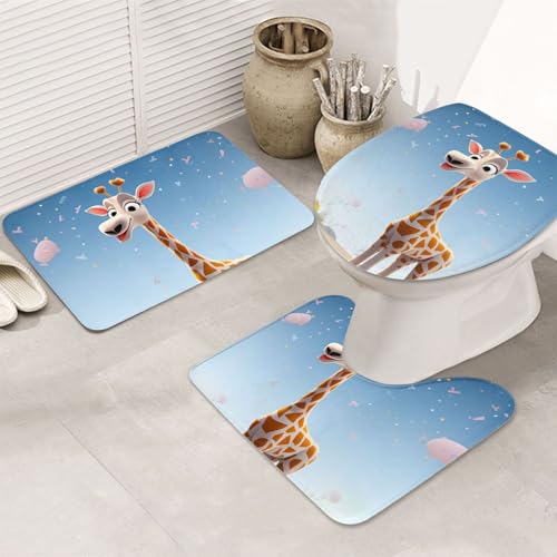GTKSYNVE Cartoons Giraffen-Badezimmerteppich-Set, 3-teilig, mit WC-Deckelbezug, U-förmiger Kontur-WC-Vorleger und saugfähige Badematten aus Mikrofaser, schnell trocknend, maschinenwaschbar, Duschmatte von GTKSYNVE