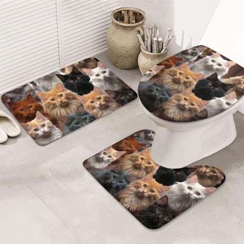 GTKSYNVE Cat Collection Badezimmerteppich-Set, 3-teilig, mit WC-Deckelbezug, U-förmiger Kontur-WC-Vorleger und saugfähige Badematten aus Mikrofaser, schnell trocknend, maschinenwaschbar, Duschmatte von GTKSYNVE
