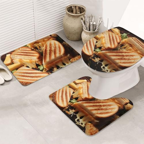 GTKSYNVE Cheese Sandwiches Badezimmerteppich-Set, 3-teilig, mit WC-Deckelbezug, U-förmiger Kontur-WC-Vorleger und saugfähige Badematten aus Mikrofaser, schnell trocknend, maschinenwaschbar, Duschmatte von GTKSYNVE