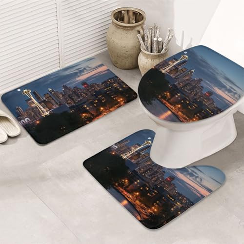 GTKSYNVE City Seattle Badezimmerteppich-Set, 3-teilig, mit WC-Deckelbezug, U-förmiger Kontur-WC-Vorleger und saugfähige Badematten aus Mikrofaser, schnell trocknend, maschinenwaschbar, Duschmatte von GTKSYNVE