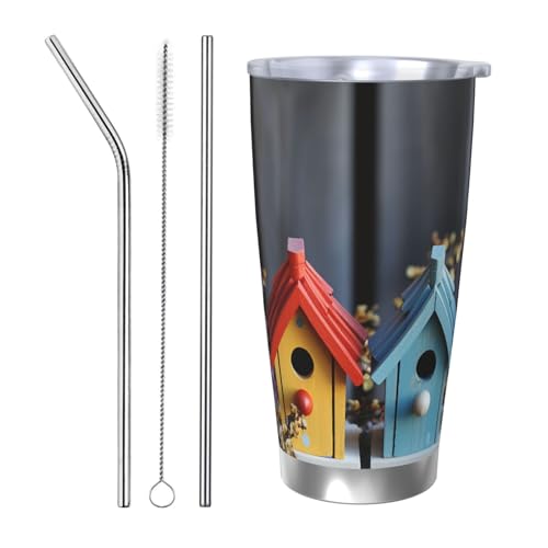 GTKSYNVE Colorful Spring Birdhouses Tumbler with Leak-Proof Lid and Straw, 590.0 g Car Cups Vacuum-Insulated Stainless Steel Travel Coffee Mug, BPA-Free, Reusable Thermal Cup for Outdoor von GTKSYNVE