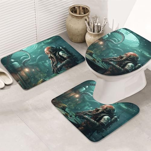 GTKSYNVE Cooles Octopus Taucher-Badezimmerteppich-Set, 3-teilig, mit WC-Deckelbezug, U-förmiger Kontur-WC-Vorleger und saugfähige Badematten aus Mikrofaser, schnell trocknend, maschinenwaschbar von GTKSYNVE