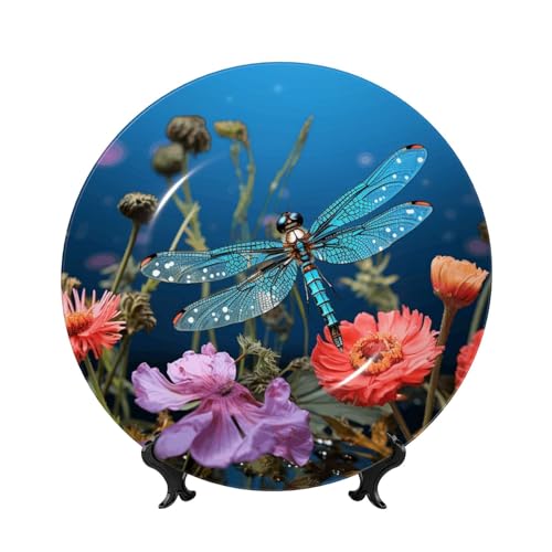 GTKSYNVE Deko-Teller aus Knochenporzellan, Libelle und Blume, 25,4 cm, personalisierbar, dekorativer Keramikteller mit Präsentationsständer, Keramikornamente, Kunst-Porzellanteller für Wandbehang von GTKSYNVE
