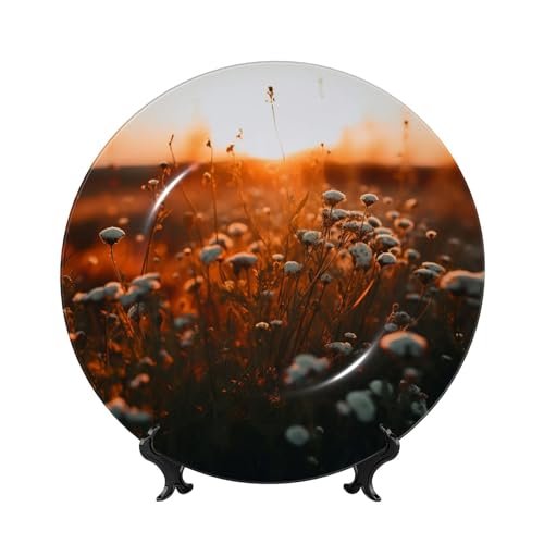 GTKSYNVE Dekorative Teller aus Knochenporzellan, Blumen im Sonnenuntergang, 17,8 cm, personalisierbar, Keramik-Dekoteller mit Präsentationsständer, Keramikornamente, Kunst-Porzellanteller für Zuhause von GTKSYNVE