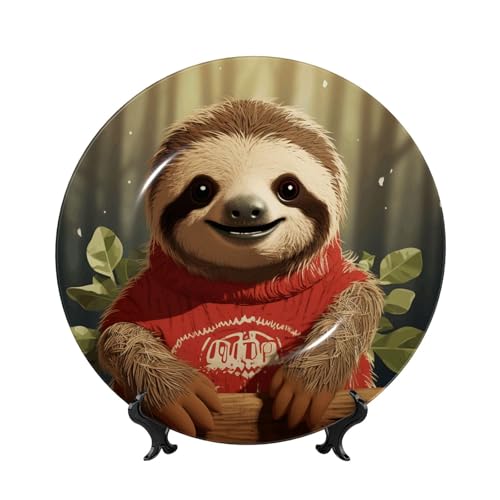 GTKSYNVE Dekorative Teller aus Knochenporzellan, Cartoon-Faultier-Design, 17,8 cm, personalisierbar, Keramik-Dekoteller mit Präsentationsständer, Keramik-Ornamente, Kunst-Porzellanteller für Zuhause von GTKSYNVE