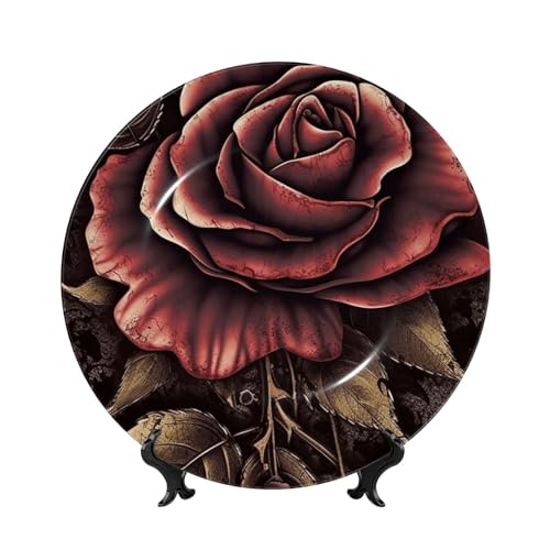 GTKSYNVE Dekorative Teller aus Knochenporzellan, Gothic-Rose, 15,2 cm, personalisierbar, Keramik-Dekoteller mit Präsentationsständer, Keramik-Ornamente, Kunst-Porzellanteller für Zuhause, Büro von GTKSYNVE