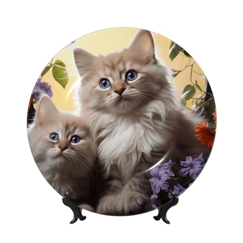GTKSYNVE Dekorative Teller aus Knochenporzellan, Katze, Blumen, 15,2 cm, personalisierbar, Keramik-Dekoteller mit Präsentationsständer, Keramik-Ornamente, Kunst-Porzellanteller für Zuhause, Büro von GTKSYNVE