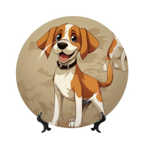 GTKSYNVE Dekorative Teller mit Cartoon-Beagle-Hunden, Knochenporzellan, 25,4 cm, personalisierbar, Keramik-Dekoteller mit Präsentationsständer, Keramik-Ornamente, Kunst-Porzellanteller für Zuhause von GTKSYNVE