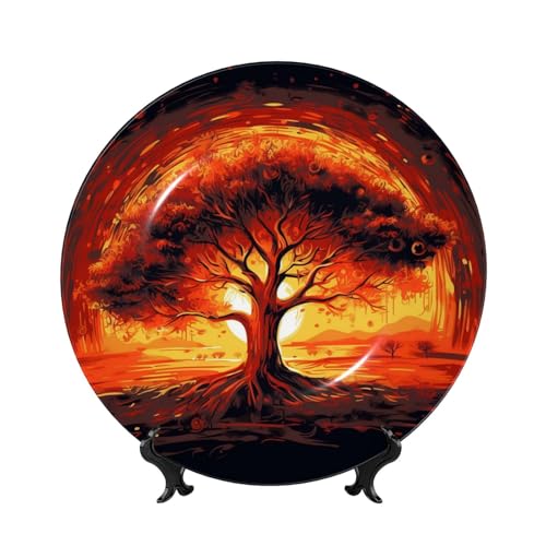 GTKSYNVE Dekorativer Teller aus Knochenporzellan, brennender Baum des Lebens, 25,4 cm, personalisierbar, dekorative Keramikplatte mit Präsentationsständer, Keramikornamente, Kunst-Porzellanteller für von GTKSYNVE