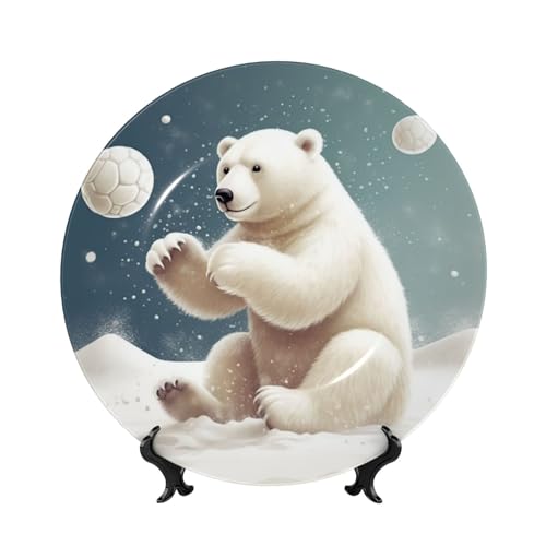 GTKSYNVE Dekorativer Teller aus Knochenporzellan, lustiger Eisbär, der Schneeball spielt, 20,3 cm, personalisierbar, Keramik-Dekoteller mit Präsentationsständer, Keramik-Ornamente von GTKSYNVE