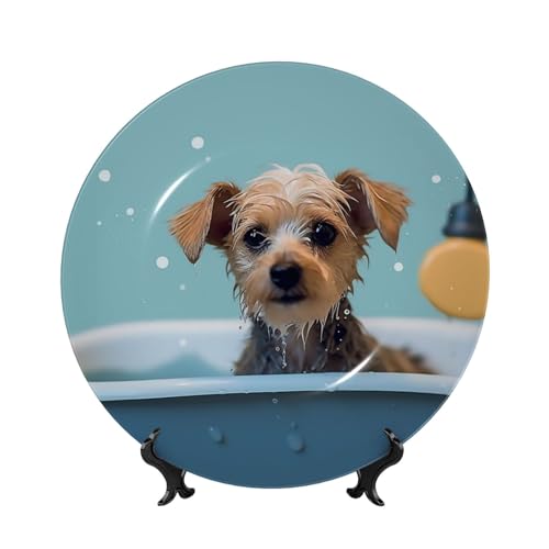 GTKSYNVE Dekorativer Teller aus Knochenporzellan, lustiger Hund in der Badewanne, 20,3 cm, personalisierbar, dekorativer Keramikteller mit Präsentationsständer, Keramikornamente, Kunst-Porzellanteller von GTKSYNVE