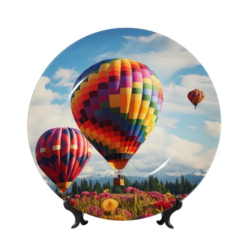 GTKSYNVE Dekorativer Teller mit Heißluftballon, Knochenporzellan, 17,8 cm, personalisierbar, dekorativer Keramikteller mit Präsentationsständer, Keramikornamente, Kunst-Porzellanteller für Zuhause von GTKSYNVE