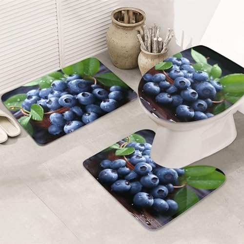GTKSYNVE Delicious Blueberries Badezimmerteppich-Set, 3-teilig, mit WC-Deckelbezug, U-förmiger Kontur-WC-Vorleger und saugfähiger Mikrofaser-Badematte, schnell trocknend, maschinenwaschbar, Duschmatte von GTKSYNVE