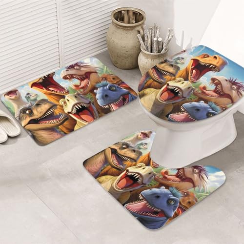 GTKSYNVE Dinosaurier-Selfie-Badezimmerteppich-Set, 3-teilig, mit WC-Deckelbezug, U-förmiger Kontur-WC-Vorleger und saugfähige Badematten aus Mikrofaser, schnell trocknend, maschinenwaschbar von GTKSYNVE