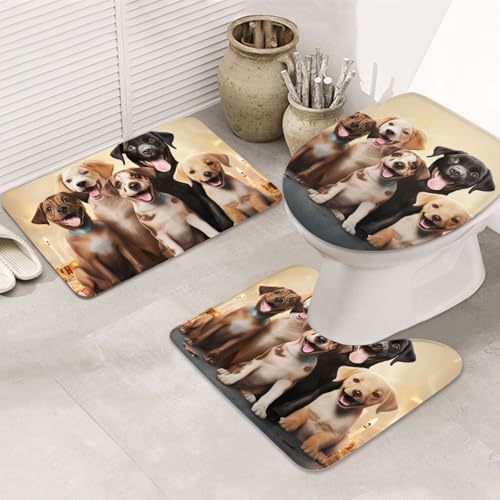 GTKSYNVE Dogs Happy Party Badezimmerteppich-Set, 3-teilig, mit WC-Deckelbezug, U-förmiger Kontur-WC-Vorleger und saugfähige Badematten aus Mikrofaser, schnell trocknend, maschinenwaschbar, Duschmatte von GTKSYNVE