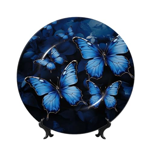 GTKSYNVE Dunkelblaue Schmetterlinge aus Knochenporzellan, dekorative Teller, 17,8 cm, personalisierbar, Keramik-Dekoteller mit Präsentationsständer, Keramikornamente, Kunst-Porzellanteller für Zuhause von GTKSYNVE