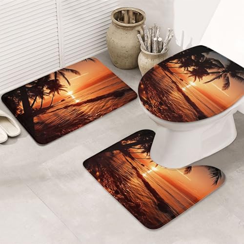 GTKSYNVE Dusk Tropical Beach Palme Badezimmerteppich-Set, 3-teilig, mit WC-Deckelbezug, U-förmiger Kontur-WC-Vorleger und saugfähige Badematten aus Mikrofaser, schnell trocknend, maschinenwaschbar von GTKSYNVE
