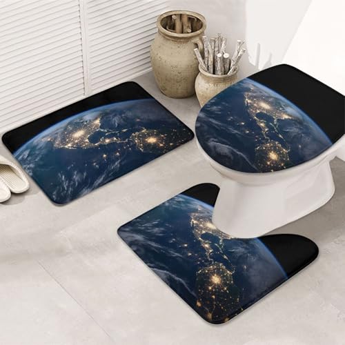 GTKSYNVE Earth from The Outer Space Badezimmerteppich-Set, 3-teilig, mit WC-Deckelbezug, U-förmiger Kontur-WC-Vorleger und saugfähige Badematten aus Mikrofaser, schnell trocknend, maschinenwaschbar von GTKSYNVE
