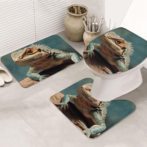 GTKSYNVE Eidechsen-Badezimmerteppich-Set, 3-teilig, mit WC-Deckelbezug, U-förmiger Kontur-WC-Vorleger und saugfähige Badematten aus Mikrofaser, schnell trocknend, maschinenwaschbar, Duschmatte von GTKSYNVE