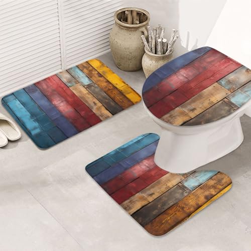 GTKSYNVE Farbenfrohes Holzbrett-Badezimmerteppich-Set, 3-teilig, mit WC-Deckelbezug, U-förmiger Kontur-WC-Vorleger und saugfähige Badematten aus Mikrofaser, schnell trocknend, maschinenwaschbar von GTKSYNVE