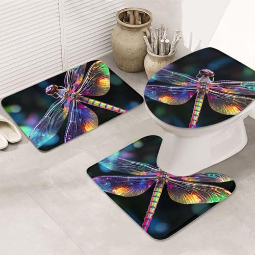GTKSYNVE Farbenfrohes Libellen-Kunst-Badezimmerteppich-Set, 3-teilig, mit WC-Deckelbezug, U-förmiger Kontur-WC-Vorleger und saugfähige Badematten aus Mikrofaser, schnell trocknend, maschinenwaschbar GTKSYNVE Farbenfrohes Libellen-Kunst-Badezimmerteppich-Set, 3-teilig, mit WC-Deckelbezug, U-förmiger Kontur-WC-Vorleger und saugfähige Badematten aus Mikrofaser, schnell trocknend, maschinenwaschbar von GTKSYNVE