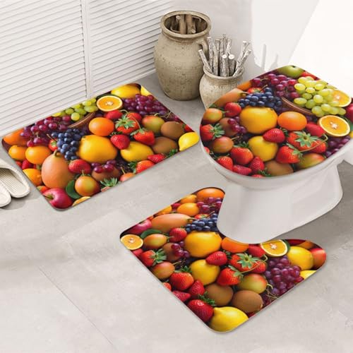 GTKSYNVE Fresh Fruits Badezimmerteppich-Set, 3-teilig, mit WC-Deckelbezug, U-förmiger Kontur-WC-Vorleger und saugfähige Badematten aus Mikrofaser, schnell trocknend, maschinenwaschbar, Duschmatte von GTKSYNVE