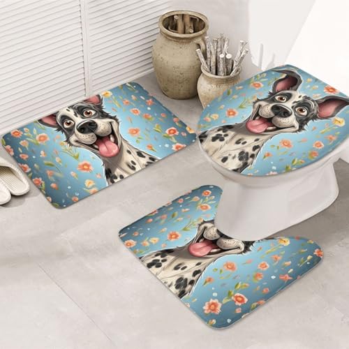 GTKSYNVE Fun Dogs Badezimmerteppich-Set, 3-teilig, mit WC-Deckelbezug, U-förmiger Kontur-WC-Vorleger und saugfähige Badematten aus Mikrofaser, schnell trocknend, maschinenwaschbar, Duschmatte von GTKSYNVE