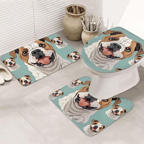 GTKSYNVE Funny English Bulldog Badezimmerteppich-Set, 3-teilig, mit WC-Deckelbezug, U-förmiger Kontur-WC-Vorleger und saugfähige Badematten aus Mikrofaser, schnell trocknend, maschinenwaschbar von GTKSYNVE