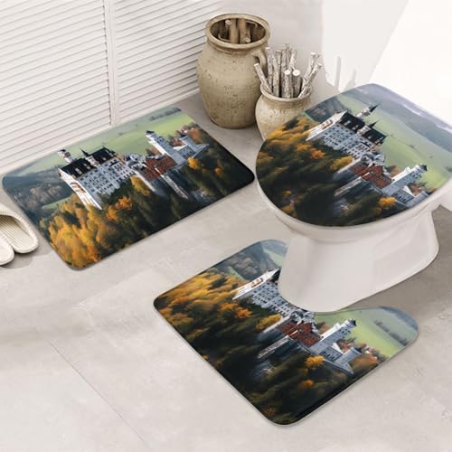 GTKSYNVE Germany Neuschwanstein Castle Badezimmerteppich-Set, 3-teilig, mit WC-Deckelbezug, U-förmiger Kontur-WC-Vorleger und saugfähige Badematten aus Mikrofaser, schnell trocknend, maschinenwaschbar von GTKSYNVE