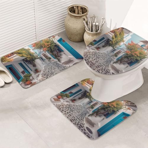 GTKSYNVE Greece Street Badezimmerteppich-Set, 3-teilig, mit WC-Deckelbezug, U-förmiger Kontur-WC-Vorleger und saugfähige Badematten aus Mikrofaser, schnell trocknend, maschinenwaschbar, Duschmatte von GTKSYNVE