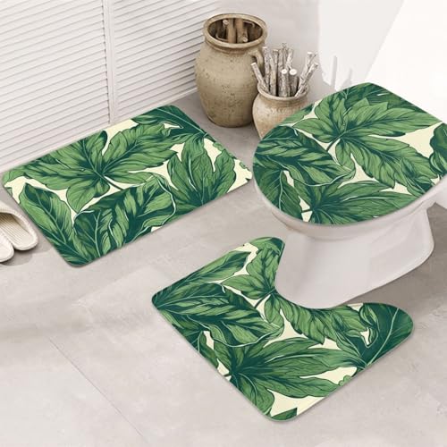 GTKSYNVE Green Foliage botanisches Badezimmerteppich-Set, 3-teilig, mit WC-Deckelbezug, U-förmiger Kontur-WC-Vorleger und saugfähige Badematten aus Mikrofaser, schnell trocknend, maschinenwaschbar von GTKSYNVE