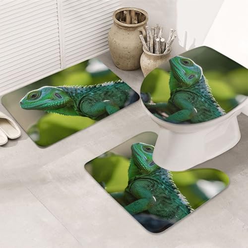 GTKSYNVE Green Lizard Badezimmerteppich-Set, 3-teilig, mit WC-Deckelbezug, U-förmiger Kontur-WC-Vorleger und saugfähige Badematten aus Mikrofaser, schnell trocknend, maschinenwaschbar, Duschmatte von GTKSYNVE