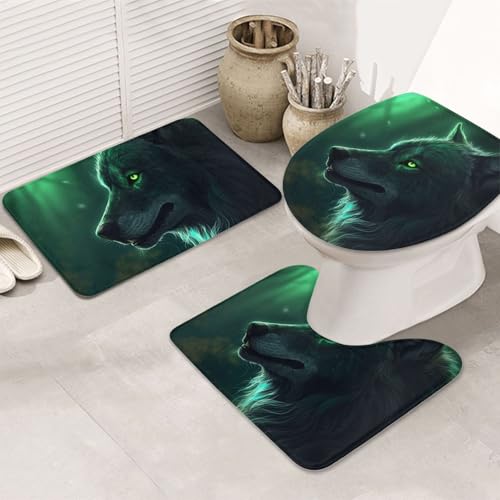GTKSYNVE Green Wolf Badezimmerteppich-Set, 3-teilig, mit WC-Deckelbezug, U-förmiger Kontur-WC-Vorleger und saugfähige Badematten aus Mikrofaser, schnell trocknend, maschinenwaschbar, Duschmatte von GTKSYNVE
