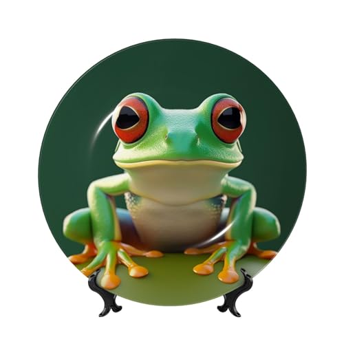 GTKSYNVE Grüner lustiger Frosch-Dekoteller aus Knochenporzellan, 17,8 cm, personalisierbar, Keramik-Dekoteller mit Präsentationsständer, Keramik-Ornamente, Kunst-Porzellanteller für Zuhause, Büro von GTKSYNVE