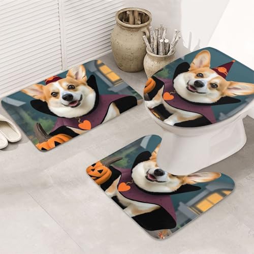 GTKSYNVE Halloween Corgi Hundehexe Badezimmerteppich-Set, 3-teilig, mit WC-Deckelbezug, U-förmiger Kontur-WC-Vorleger und saugfähige Badematten aus Mikrofaser, schnell trocknend, maschinenwaschbar von GTKSYNVE