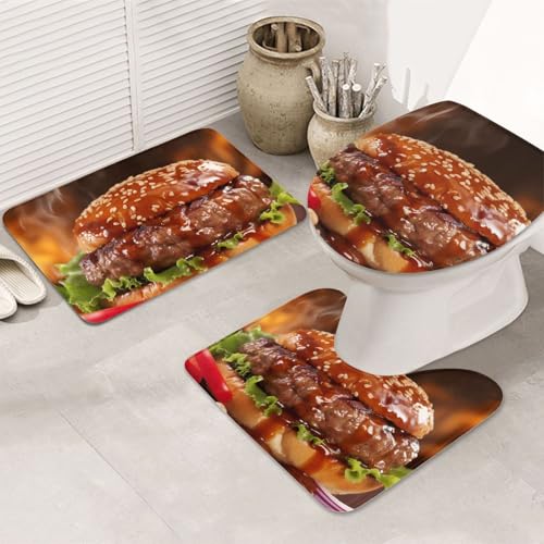 GTKSYNVE Hamburger Steak Fast Food Badezimmerteppich-Set, 3-teilig, mit WC-Deckelbezug, U-förmiger Kontur-WC-Vorleger und saugfähige Badematten aus Mikrofaser, schnell trocknend, maschinenwaschbar von GTKSYNVE
